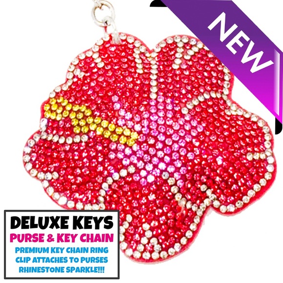 DeLuxe Keys Rhinestone Keychain/Purse Chain PINK HIBISCUS - Picture 2 of 2